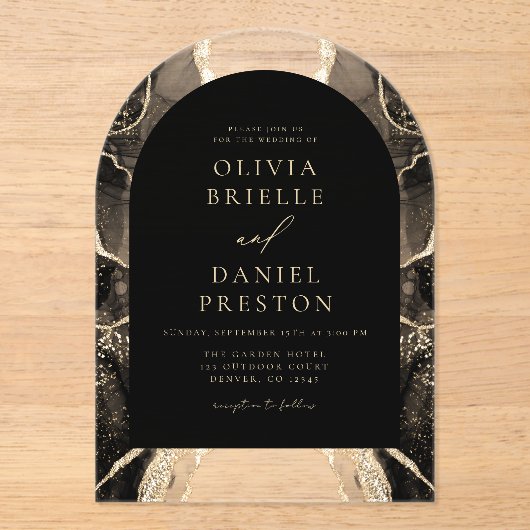 Modernes Black Gold Agate Wedding Elegant Acryleinladungen (Vorderseite)