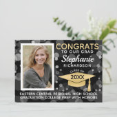 Modernes Black Gold Bokeh Bubbles Foto Abschluss Einladung (Stehend Vorderseite)