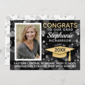 Modernes Black Gold Bokeh Bubbles Foto Abschluss Einladung (Vorne/Hinten)