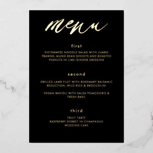 Modernes Black Gold Calligraphy Wedding Menu Folieneinladung (Vorderseite)