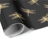 Modernes Black Gold Dragonfly-Muster Geschenkpapier (Rolleneckpunkt)