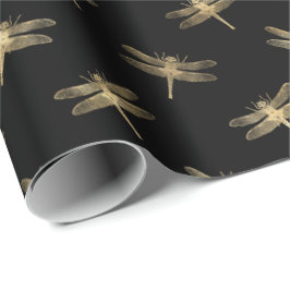Modernes Black Gold Dragonfly-Muster Geschenkpapier