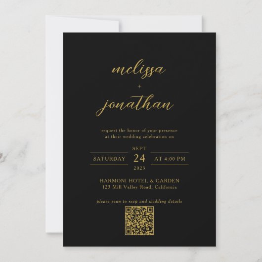 Modernes Black & Gold Foto Monogram QR Code Weddin Einladung (Vorderseite)