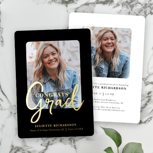 Modernes Black Gold Foto Uni-Abschluß Party Folieneinladung