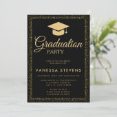 Modernes Black Gold Glitzer 24 Graduation Cap Part Einladung (Stehend Vorderseite)