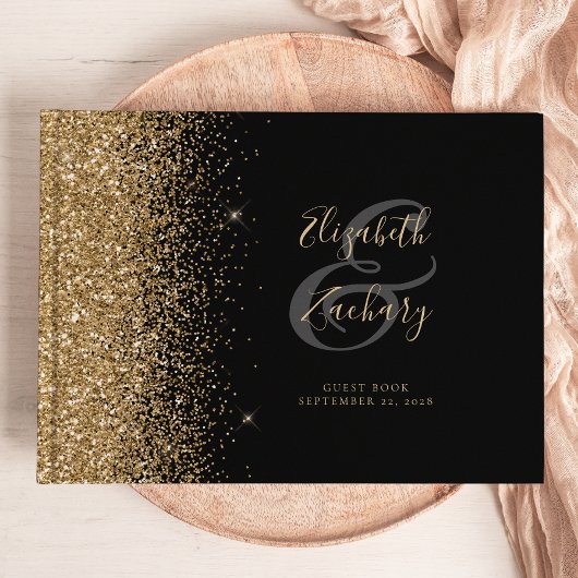 Modernes Black Gold Glitzer Script Gästebuch