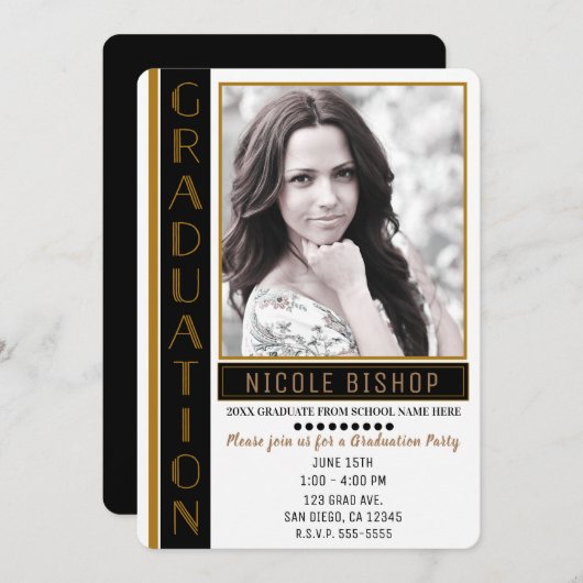 Modernes Black Gold Graduate Party Graduate Foto Einladung (Vorne/Hinten)