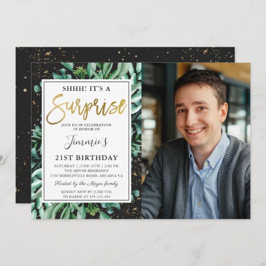 Modernes Black Gold Greenery Überraschung Geburtst Einladung (Vorne/Hinten)