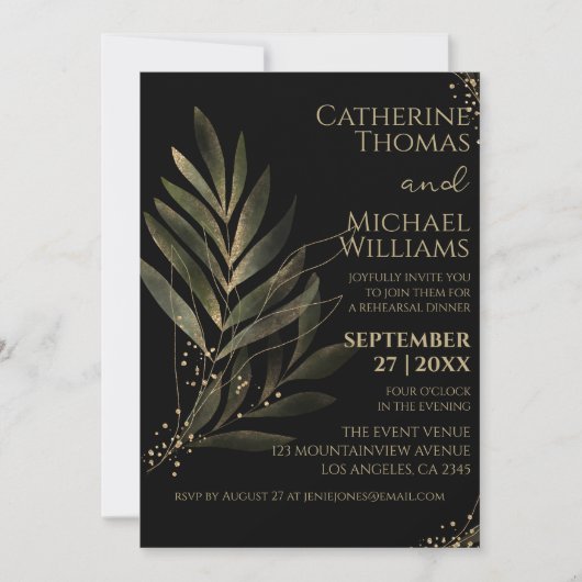 Modernes Black Gold Leaf Hochzeitsessen Probe Einladung (Vorderseite)