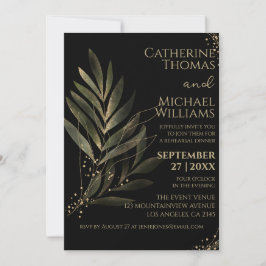 Modernes Black Gold Leaf Hochzeitsessen Probe Einladung