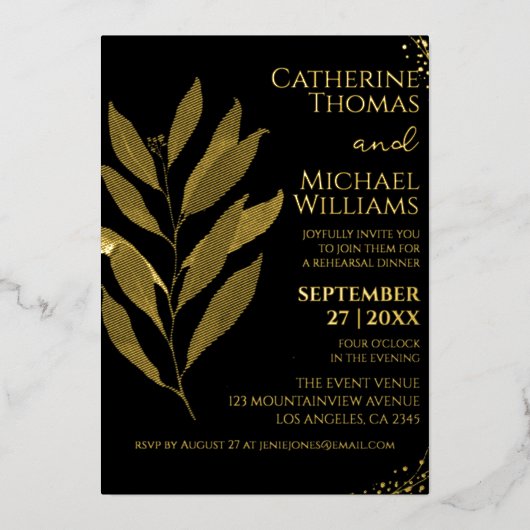 Modernes Black Gold Leaf Hochzeitsessen Probe Folieneinladung (Vorderseite)