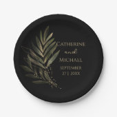 Modernes Black Gold Leaf Wedding Monogram Pappteller (Vorderseite)