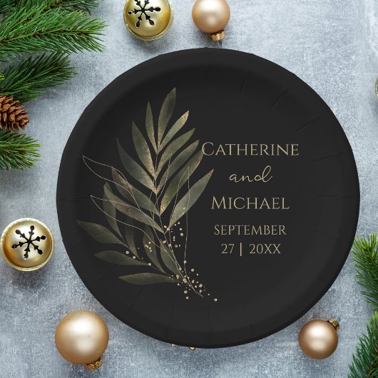 Modernes Black Gold Leaf Wedding Monogram Pappteller