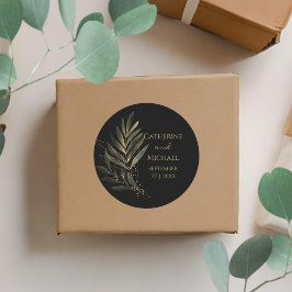 Modernes Black Gold Leaf Wedding Monogram Runder Aufkleber
