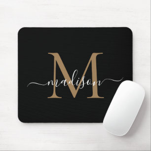 Modernes Black Gold Monogram Elegante Girly Script Mousepad