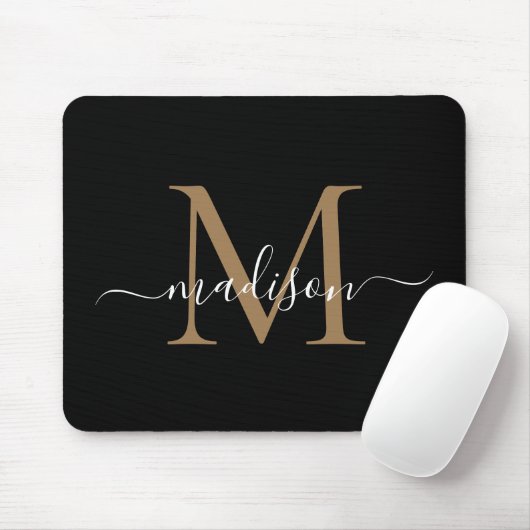 Modernes Black Gold Monogram Elegante Girly Script Mousepad (Mit Mouse)