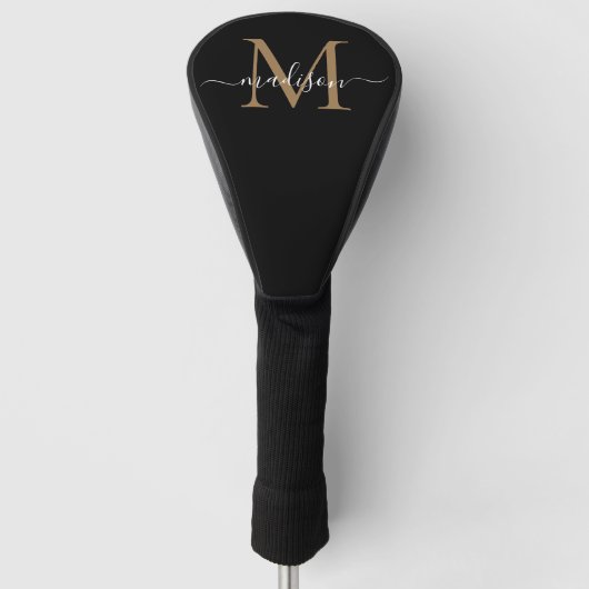 Modernes Black Gold Monogram Girly Elegantes Scrip Golf Headcover (Vorderseite)