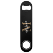 Modernes Black Gold Monogram Girly Elegantes Scrip Speed Flaschenöffner (Vorderseite)