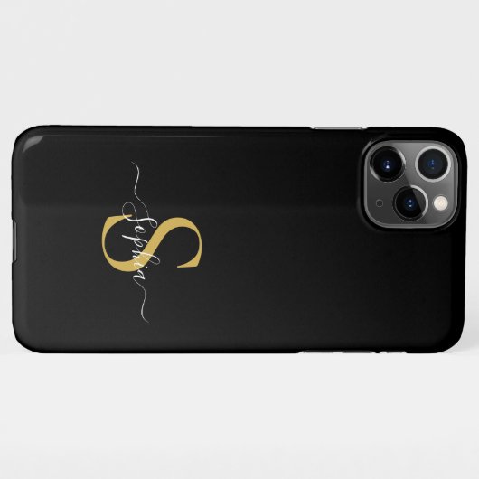 Modernes Black Gold Monogram Stilvoller Skriptname iPhone Hülle (Rückseite (Horizontal))