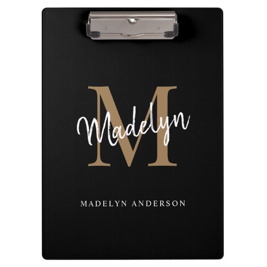 Modernes Black Gold Monogram Stilvoller Skriptname Klemmbrett (Vorderseite)