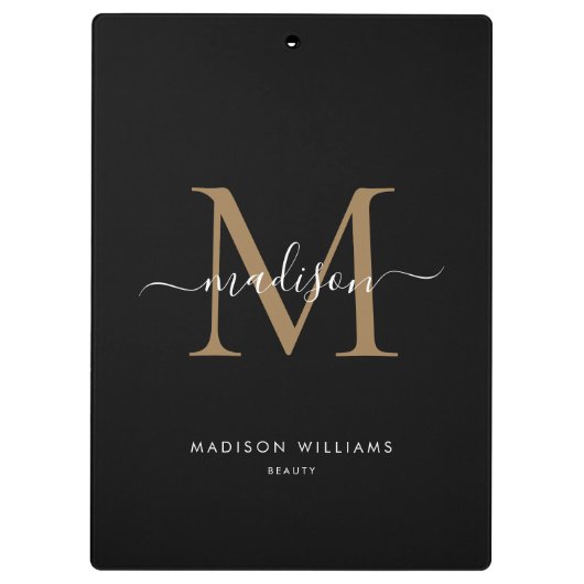 Modernes Black Gold Monogram Stilvoller Skriptname Klemmbrett (Rückseite)