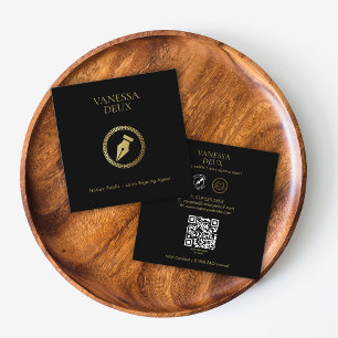 Modernes Black & Gold Notary Pen QR Logo Elegant Quadratische Visitenkarte