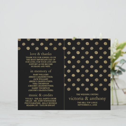 Modernes Black & Gold Polka Dots Hochzeitsprogramm (Stehend Vorderseite)