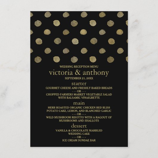 Modernes Black & Gold Polka Dots Wedding Menu Menükarte (Vorderseite)