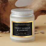 Modernes Black & Gold Produktverpackungs-Kerzen-La Lebensmitteletikett<br><div class="desc">Mit diesen eleganten 3x2"-Etiketten aus schwarz und goldfarbenem Rechteck können Sie Ihr Produktverpackungsdesign steigern - ideal für Kerzengläser, Wachsschmelzen, Schalen, Dosen oder Beutel. Mit metallischem Effekt goldener Rahmen und schwarzer Hintergrund mit modernem Serifentyp und Platz für Ihren Markennamen. Editieren Sie im Design-Editor und zeigen Sie einige goldene Skriptoptionen wie 'Duftkerze',...</div>