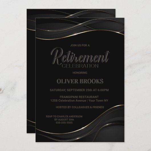 Modernes Black Gold Rentirement Celebration Einladung (Vorne/Hinten)