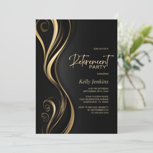 Modernes Black Gold Retirement Party Einladung (Stehend Vorderseite)