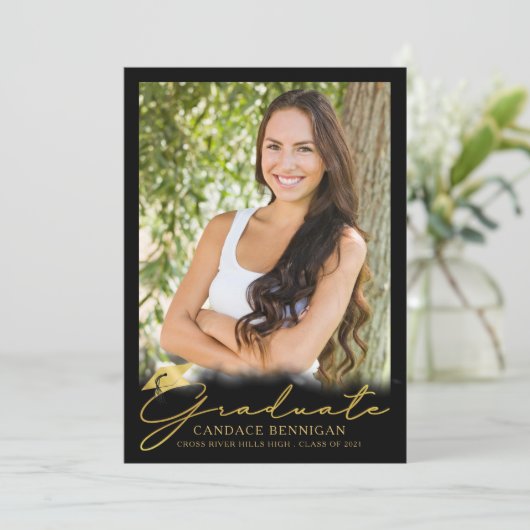 Modernes Black Gold Script 5 Foto Abschluss Ankündigung (Stehend Vorderseite)