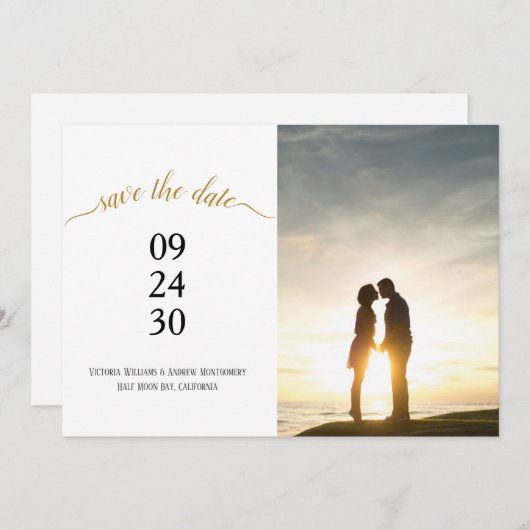 Modernes Black-Gold-Script-Hochzeitsskript-Foto Save The Date (Vorne/Hinten)