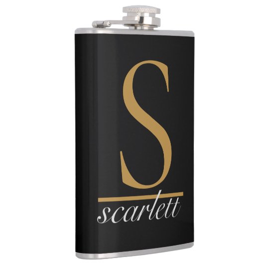 Modernes Black Gold Stilftiges Monogram Girly Scri Flachmann (Rechts)