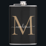 Modernes Black Gold Stilftiges Monogram Girly Scri Flachmann<br><div class="desc">Moderne Black Gold Stilvolle Monogram Girly Script Flask</div>