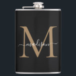 Modernes Black Gold Stilftiges Monogram Girly Scri Flachmann<br><div class="desc">Moderne Black Gold Stilvolle Monogram Girly Script Flask</div>
