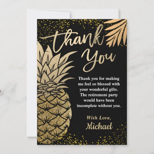 Modernes Black Gold tropisches Ananas Beach Party Dankeskarte (Vorderseite)