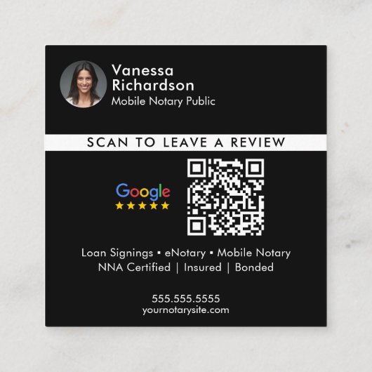 Modernes Black Google Review QR Notar Vielen Dank Quadratische Visitenkarte (Rückseite)