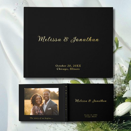 Modernes Black Guest Book Foto Gold Foil Gästebuch