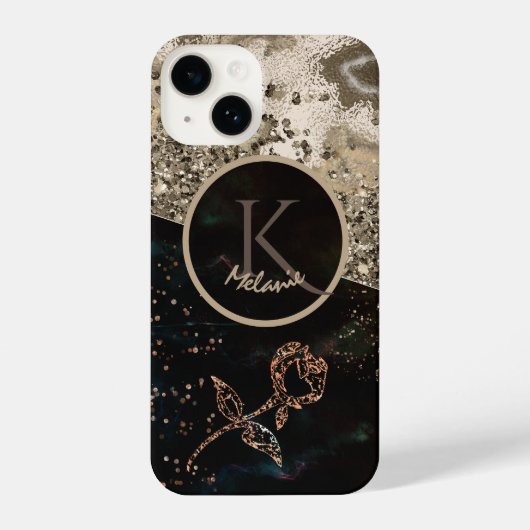 Modernes Black Monogram Rose Handy Case iPhone Hülle (Rückseite)