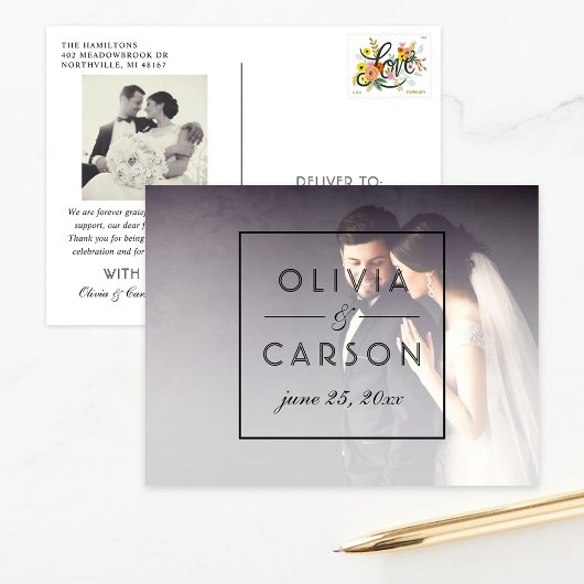 Modernes Black Monogram Wedding Foto Vielen Dank Postkarte