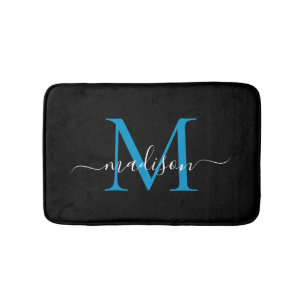 Modernes Black Ocean Blue Monogram Script Elegant Badematte