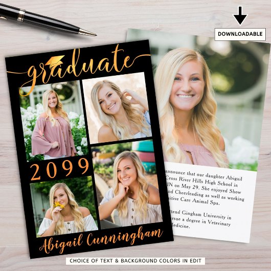 Modernes Black Orange Script 5 Foto Graduate Ankündigung