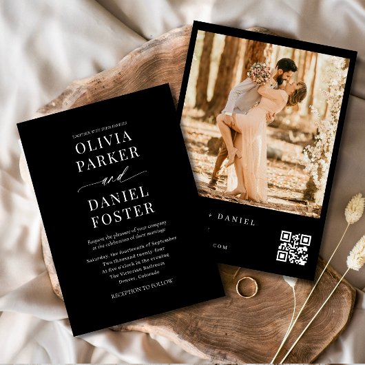 Modernes Black QR Code Foto Elegante Hochzeit Einladung