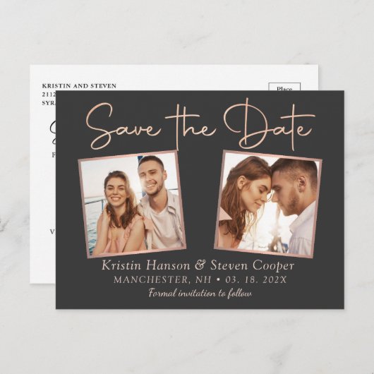Modernes Black Rose Gold 2 Foto Save the Date Postkarte (Vorne/Hinten)