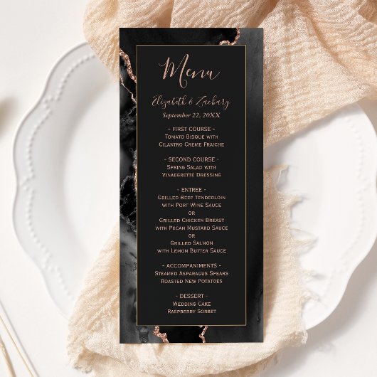 Modernes Black Rose Gold Agate Dark Wedding Menu Menükarte
