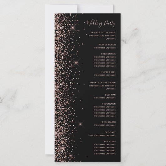 Modernes Black Rose Gold Glitzer Hochzeitsprogramm (Rückseite)