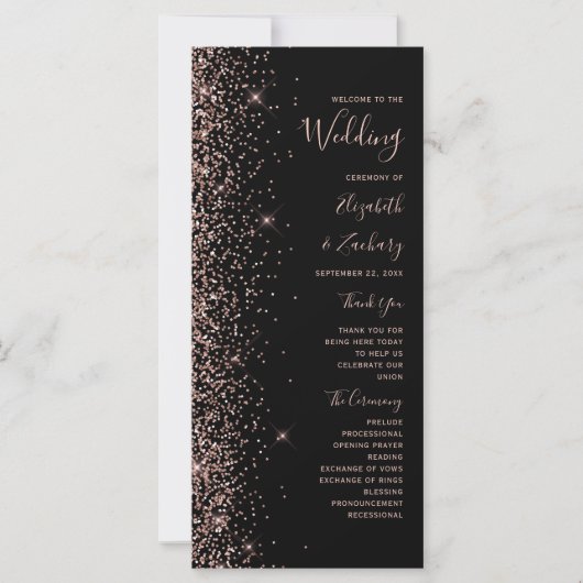 Modernes Black Rose Gold Glitzer Hochzeitsprogramm (Vorderseite)
