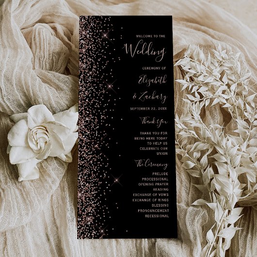 Modernes Black Rose Gold Glitzer Hochzeitsprogramm