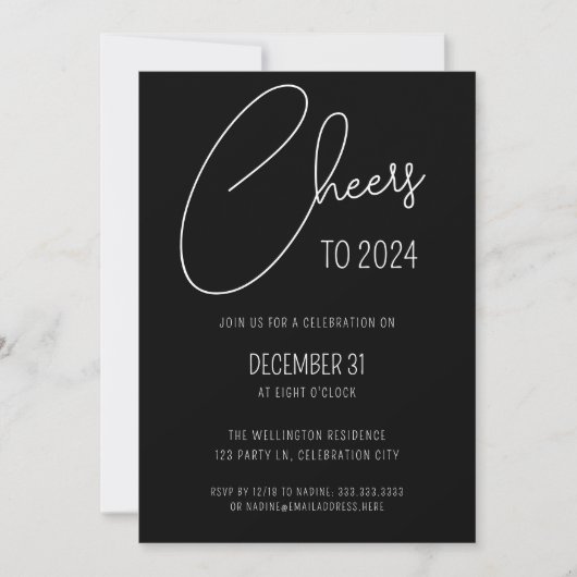Modernes Black Script Cheers Silvester Party Einladung (Vorderseite)